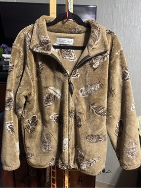 Vintage 90s Coastlines Fashion For Canada Fleece Jacket Feather Pinecone Print